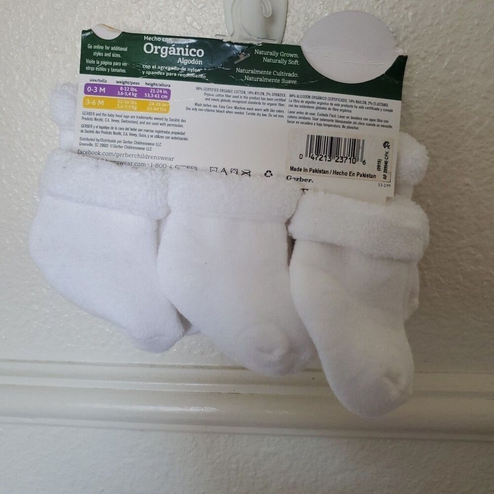 Gerber Baby White Socks Boys & Girls Plush 6 Pack Size 3-6 Months Organic Cotton - Picture 5 of 11